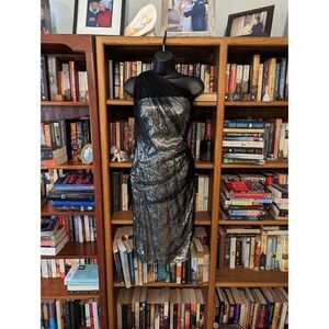 Tadashi collection silver sequin strapless dress black tulle overlay sz …